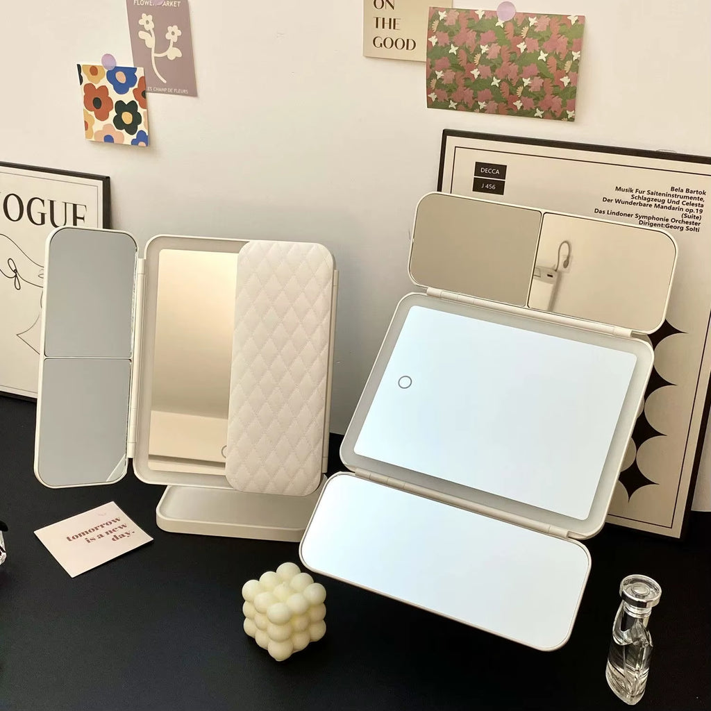 Trifold Makeup Mirror LED Lights Dorm Dressing Mirror Beauty Light up Your Fill Light with Smart Complementary Makeup Mirror Tri