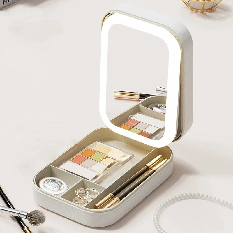 LED Mirror Makeup Storage Box Cosmetics Storage Box Fashion Portable Travel Makeup Bag Simple Makeup Case with Mirror for Woman