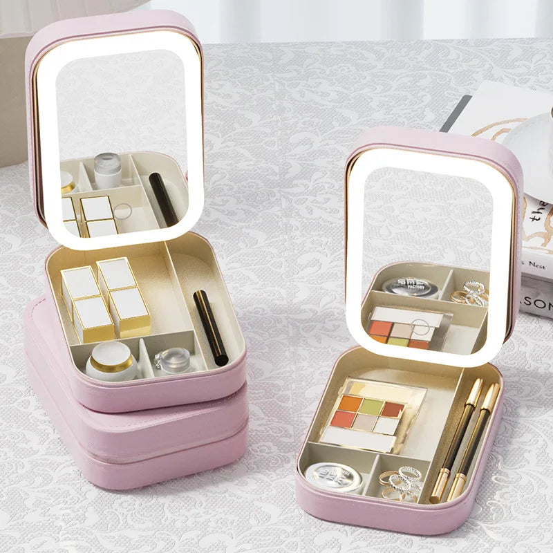 LED Mirror Makeup Storage Box Cosmetics Storage Box Fashion Portable Travel Makeup Bag Simple Makeup Case with Mirror for Woman